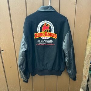 RODEO Leather Jacket Mens Medium Heavy Embroidered Reno Team Roping Leather Wool